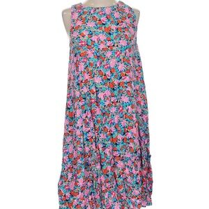 LOFT Pink Floral Midi Dress with Teal and Red Flowers